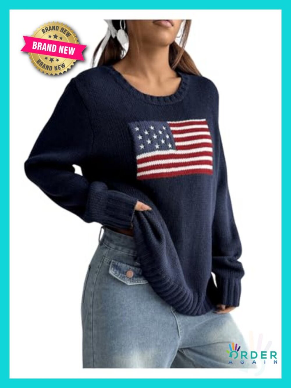 American Flag Pattern Long Sleeve Round Neck Sweater Pullover